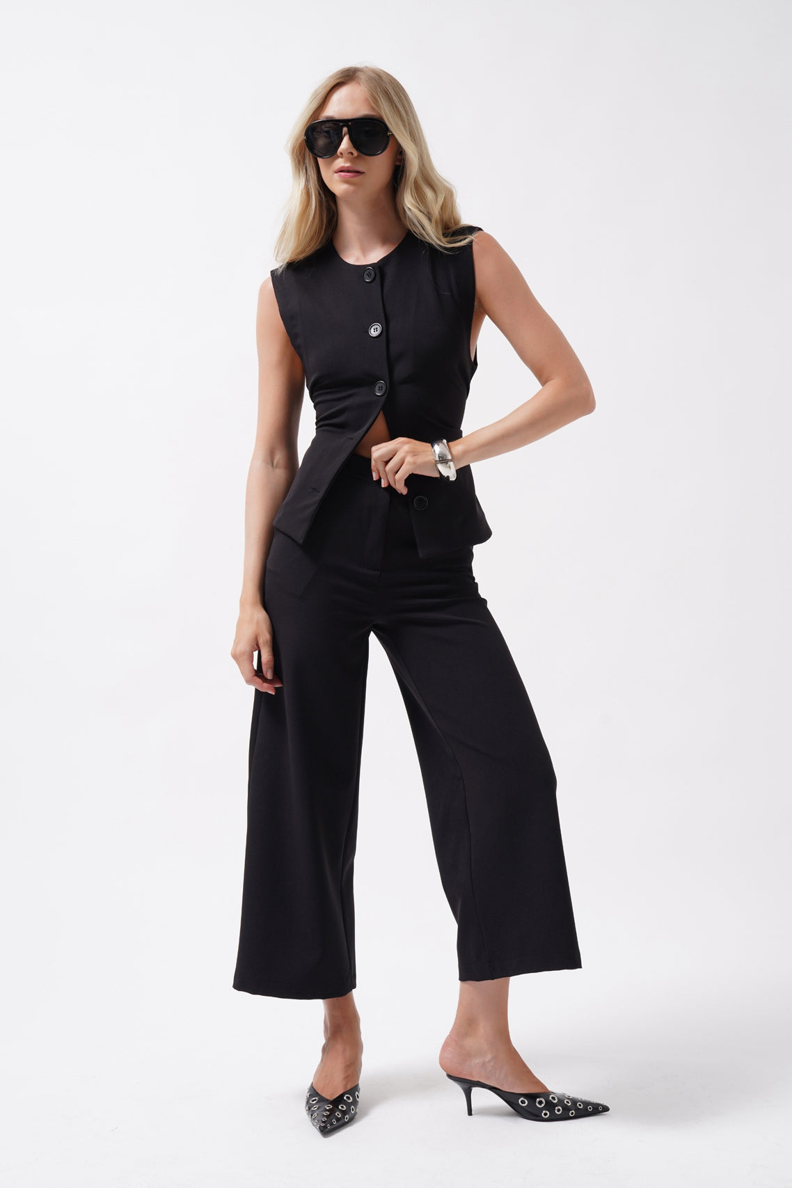 Wide Leg Midi Length Black Pants