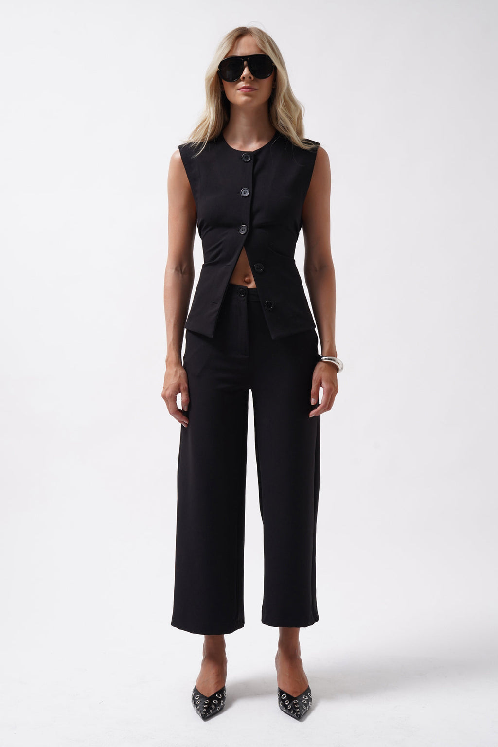 Wide Leg Midi Length Black Pants