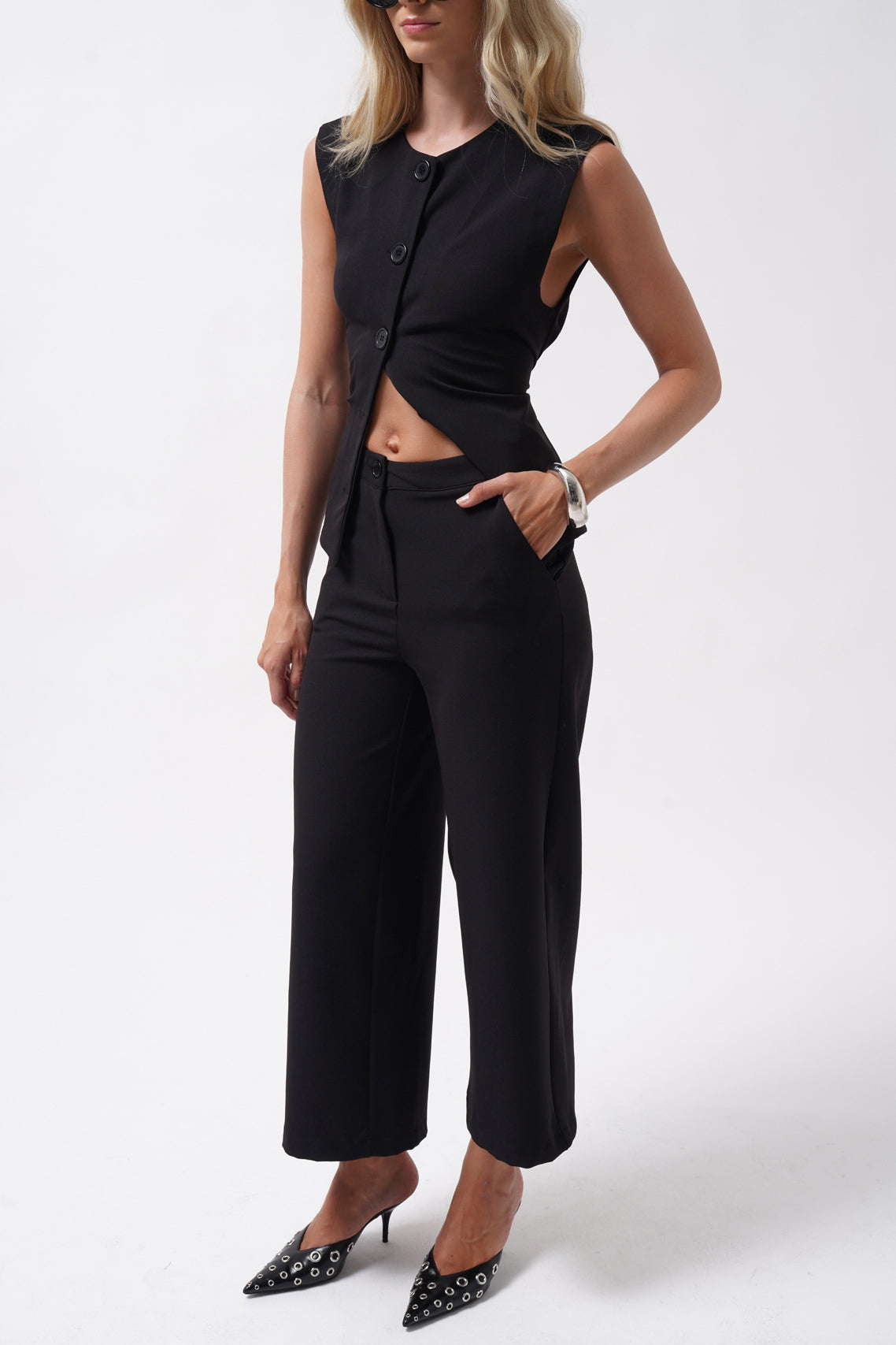 Wide Leg Midi Length Black Pants