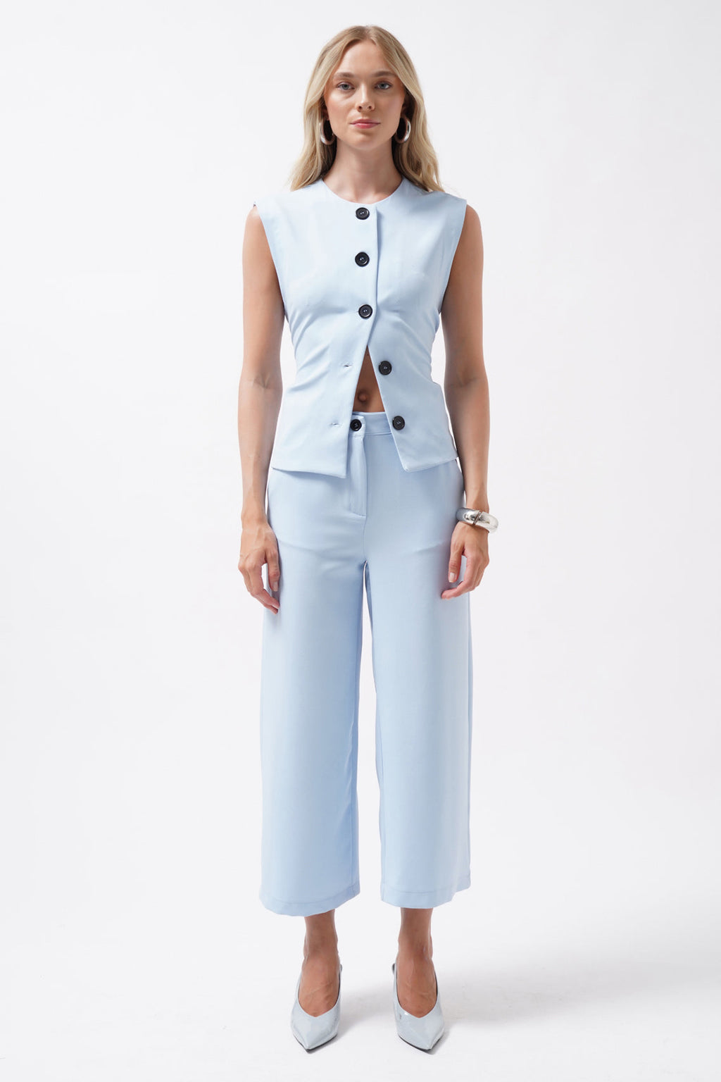 Wide Leg Midi Length Blue Pants