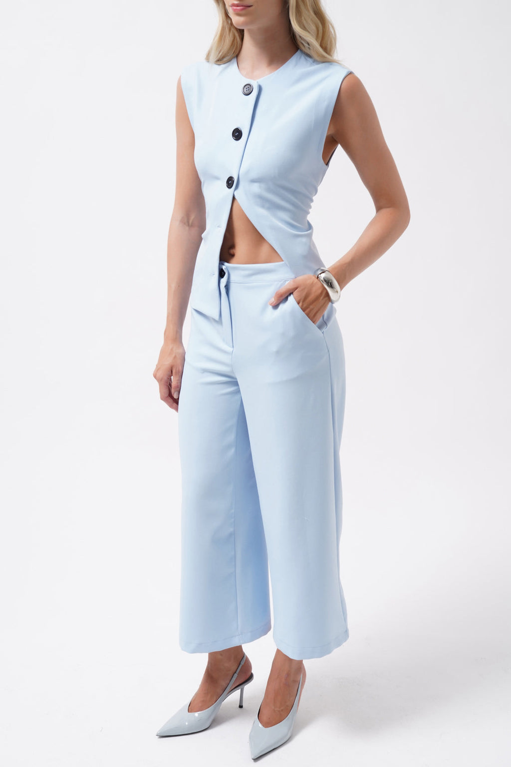 Wide Leg Midi Length Blue Pants