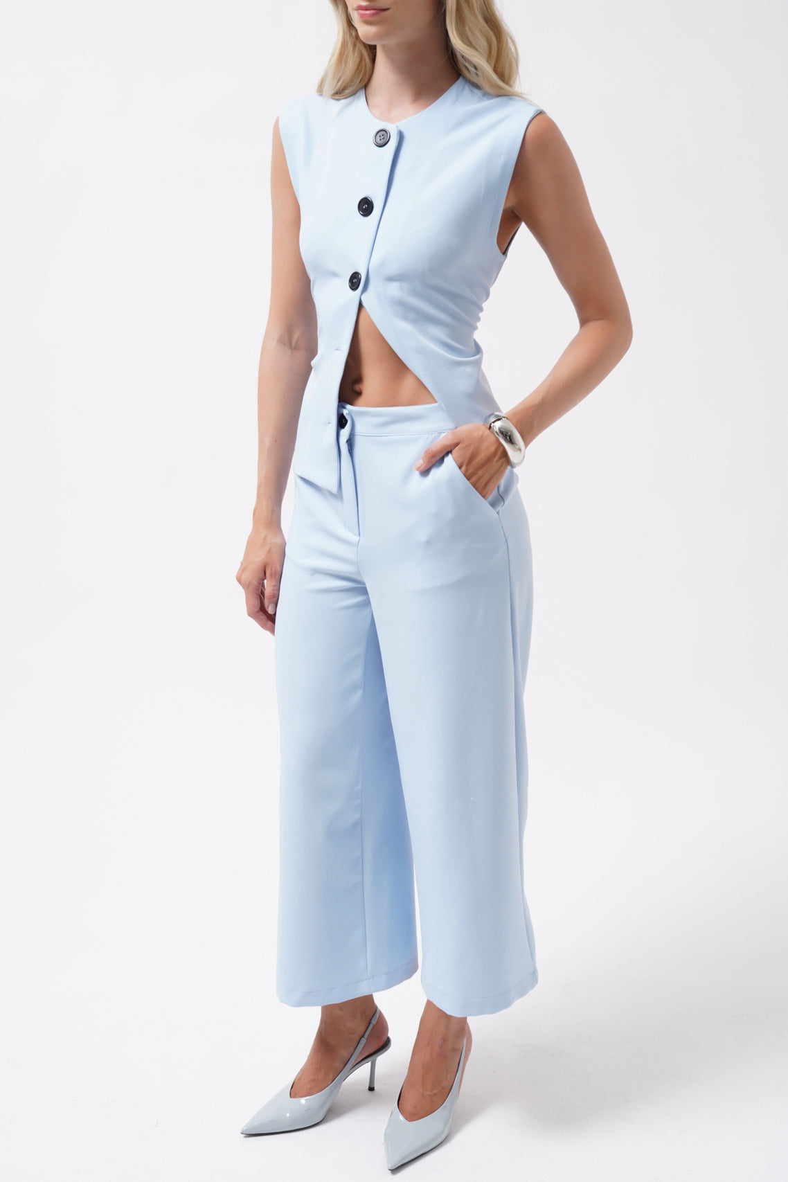 Wide Leg Midi Length Blue Pants
