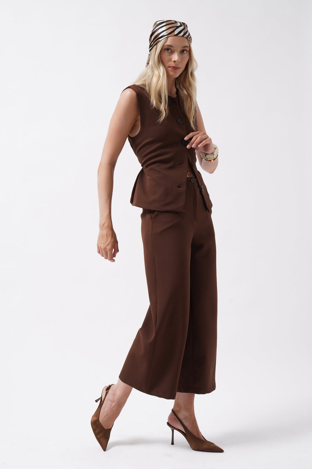 Wide Leg Midi Length Brown Pants