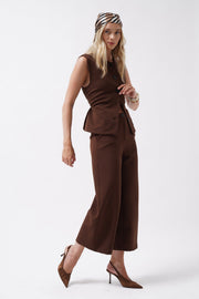 Wide Leg Midi Length Brown Trousers