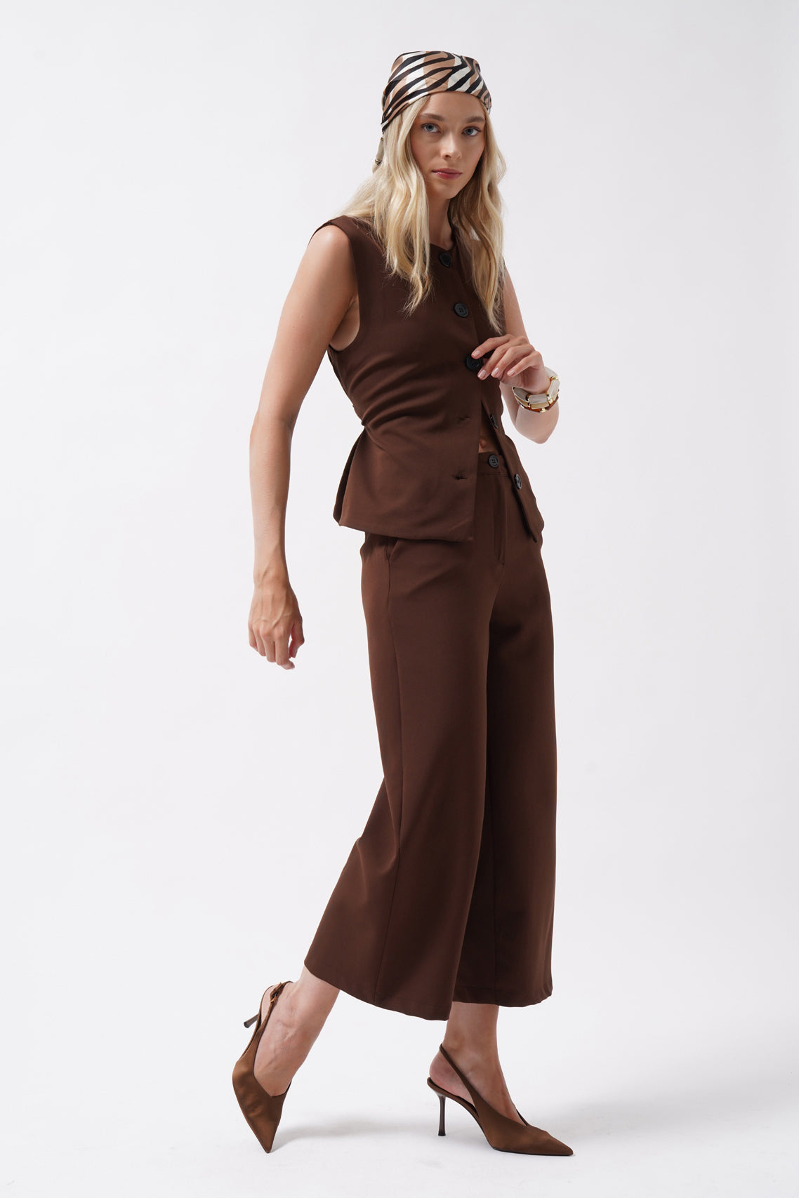 Wide Leg Midi Length Brown Pants