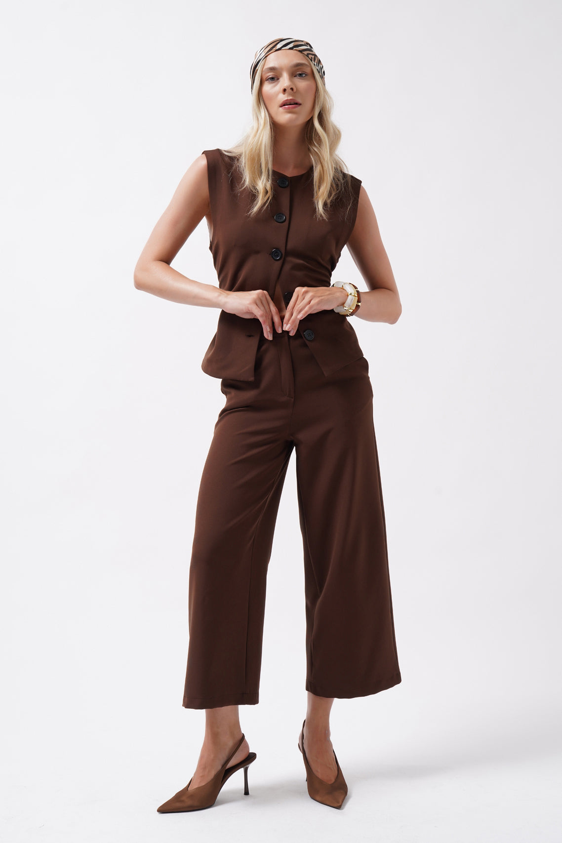 Wide Leg Midi Length Brown Pants