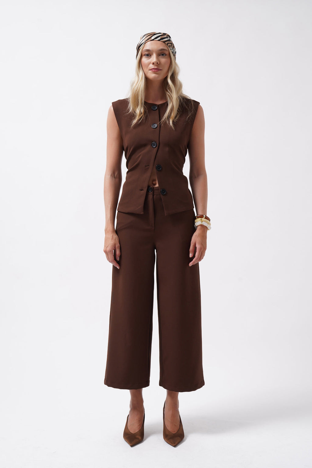 Wide Leg Midi Length Brown Pants
