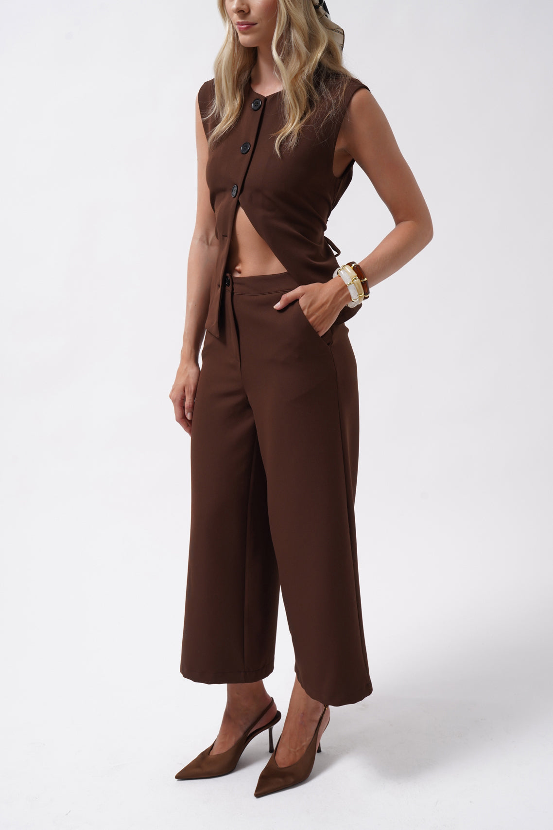 Wide Leg Midi Length Brown Pants