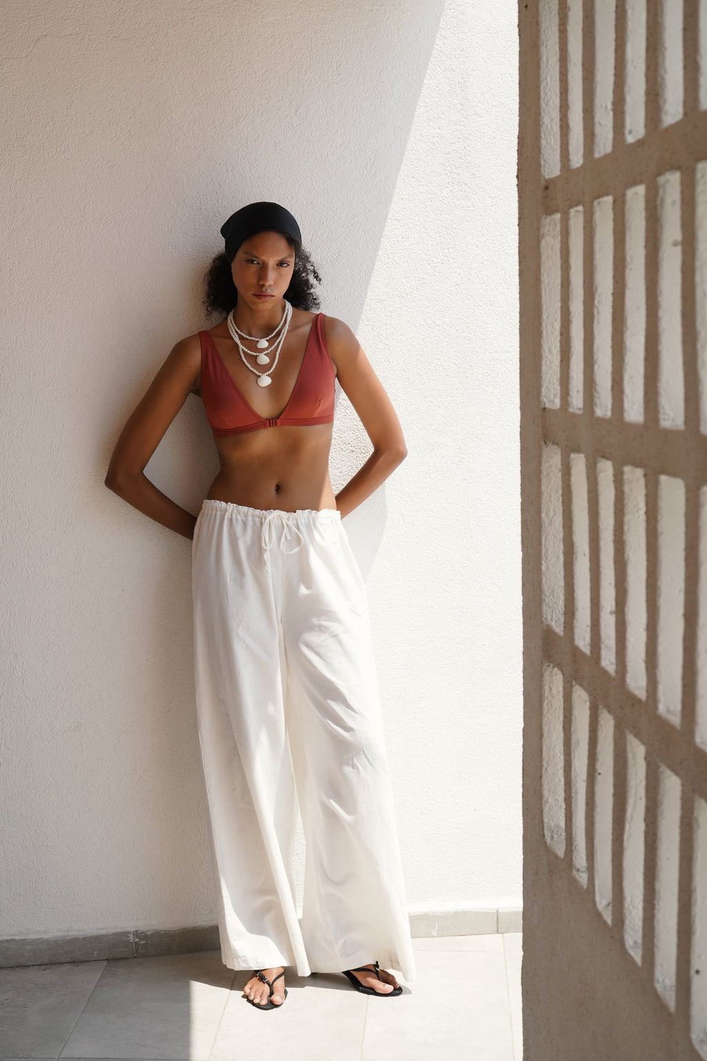 Drawstring Detail Cotton White Pants