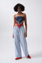 Striped Elastic Waist Blue Pants