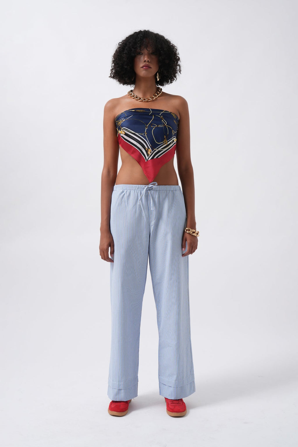 Striped Elastic Waist Blue Pants