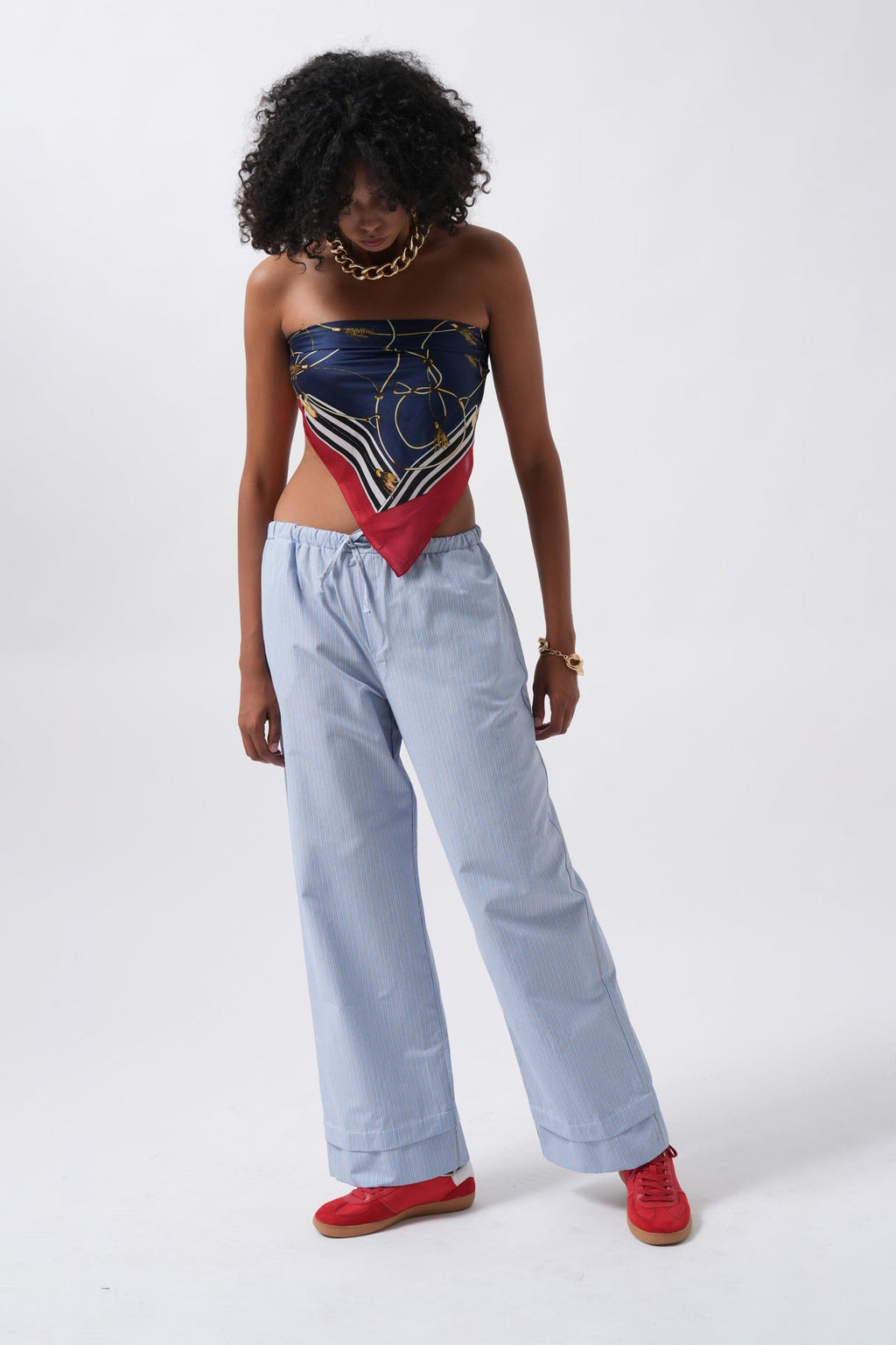 Striped Elastic Waist Blue Pants