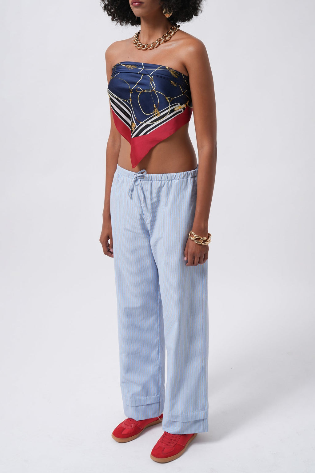 Striped Elastic Waist Blue Pants