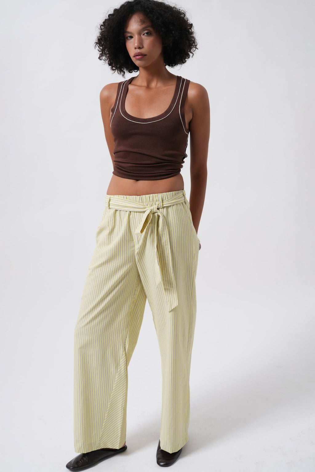 Sash Detail Striped Yellow Pants