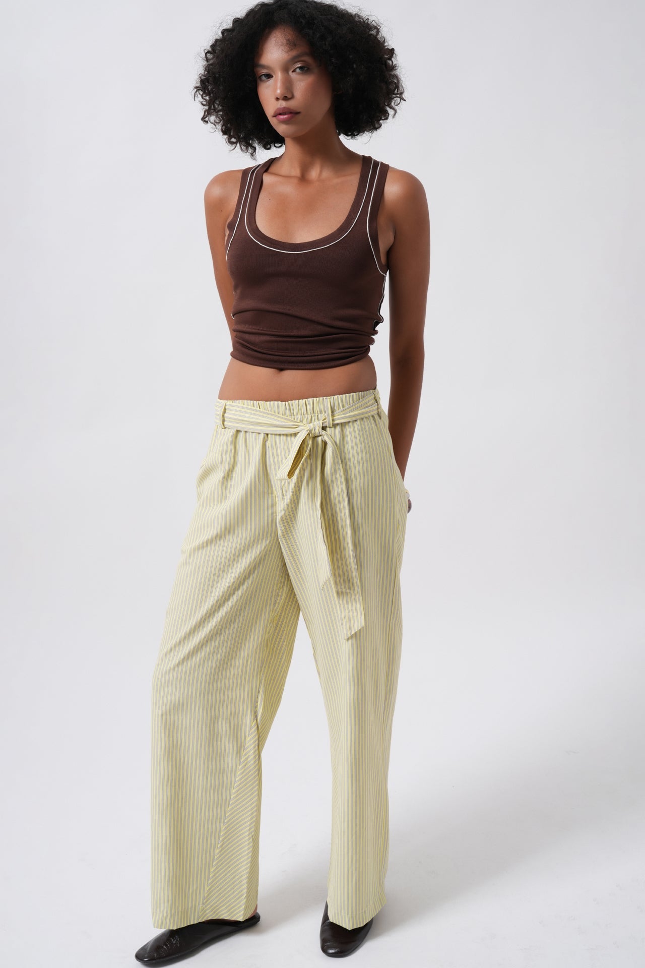 Sash Detail Striped Yellow Pants