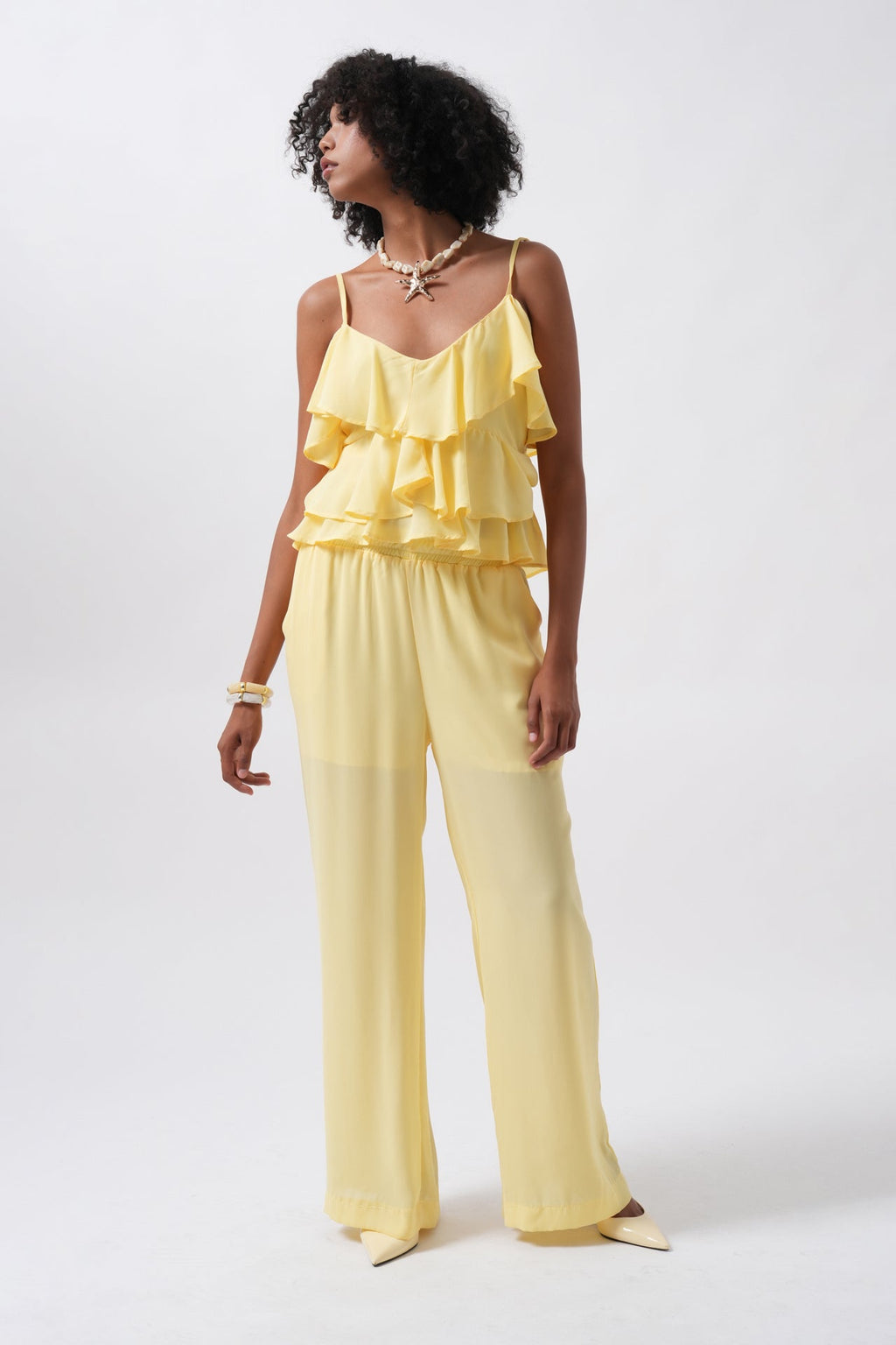 Wide Leg Lined Tulle Yellow Pants