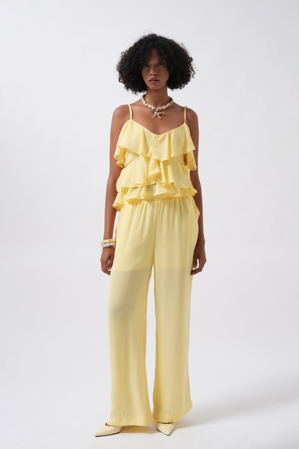 Wide Leg Lined Tulle Yellow Pants