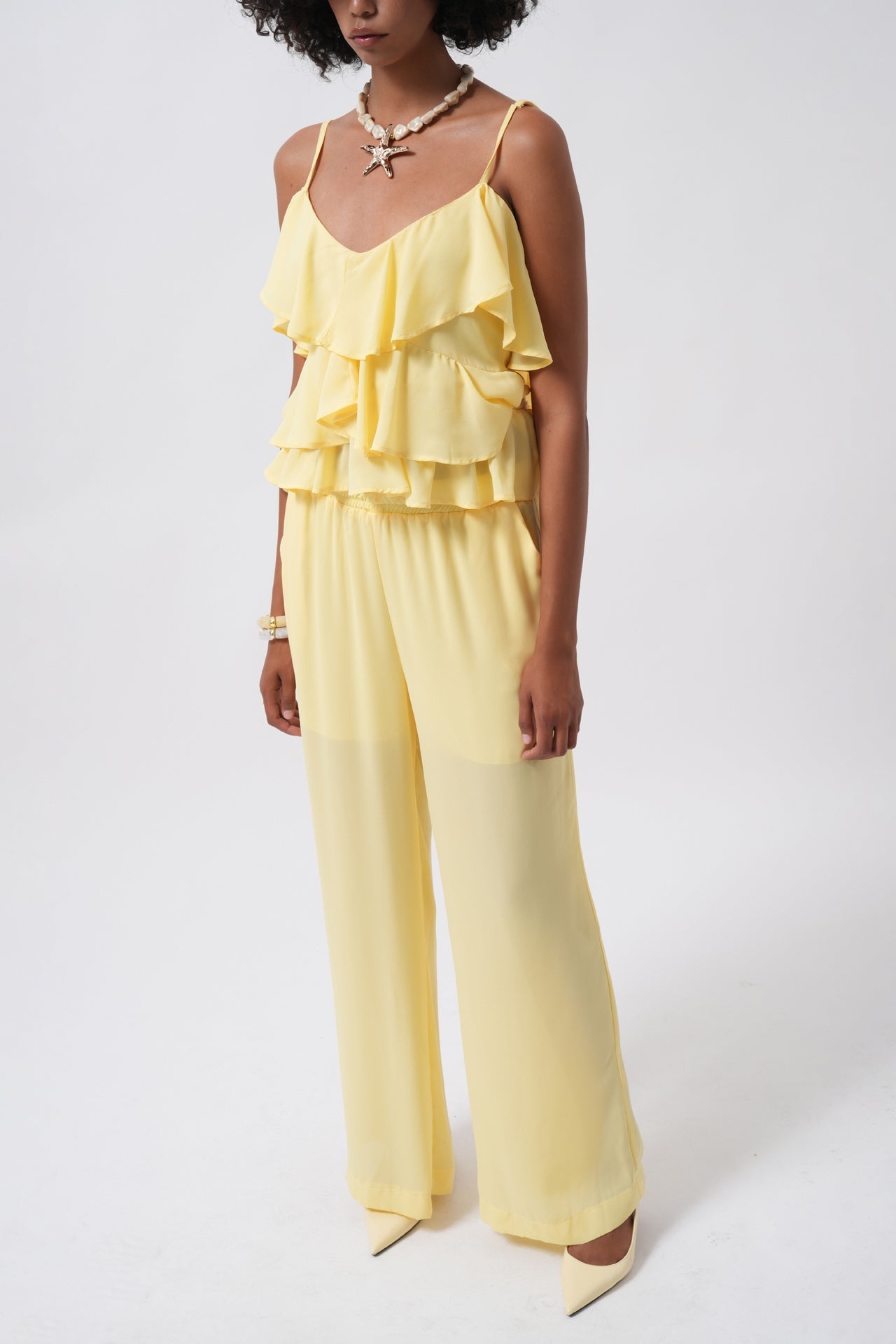 Wide Leg Lined Tulle Yellow Pants