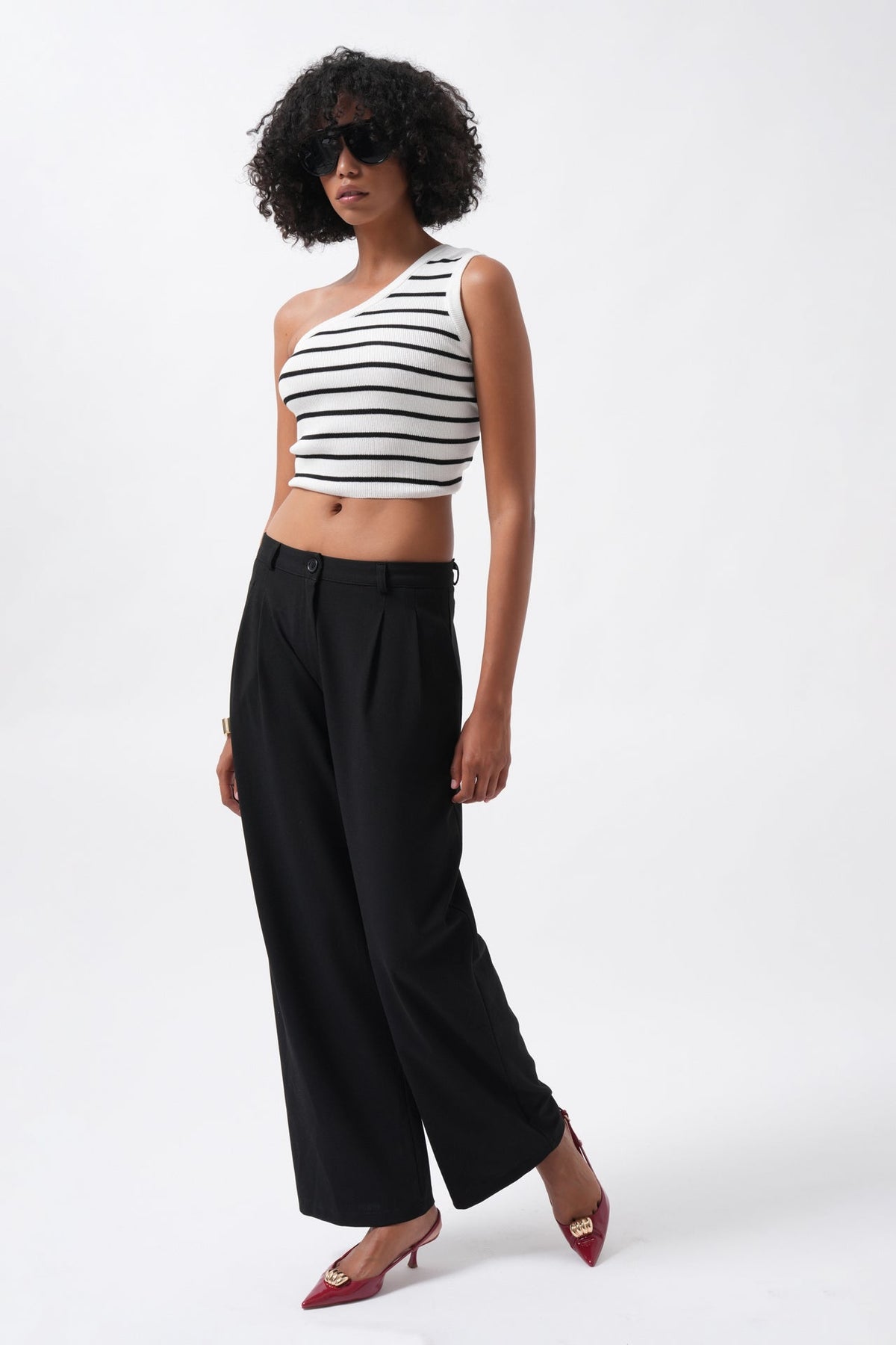 Double Pleated Wide Leg Black Trousers