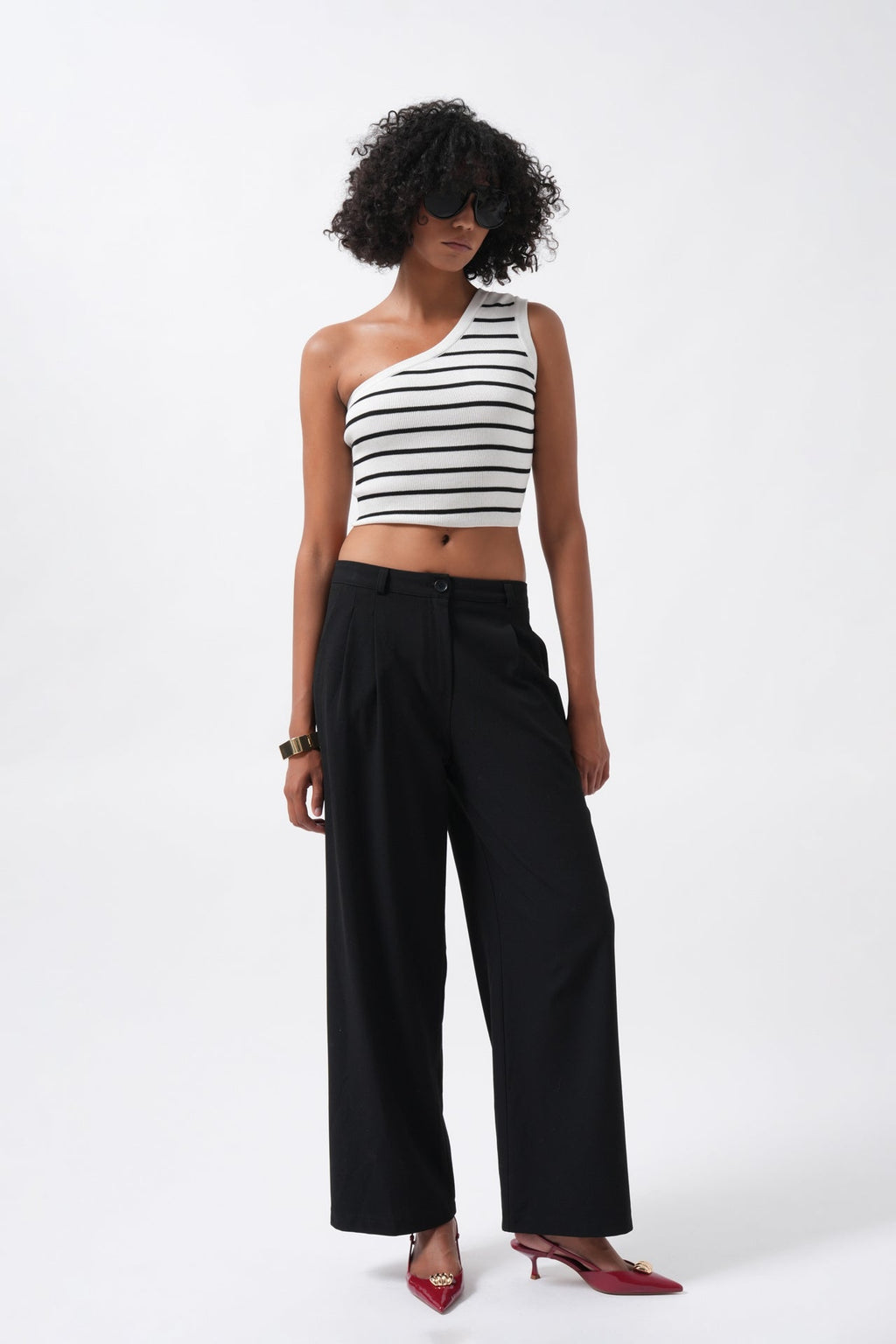 Double Pleated Wide Leg Black Trousers