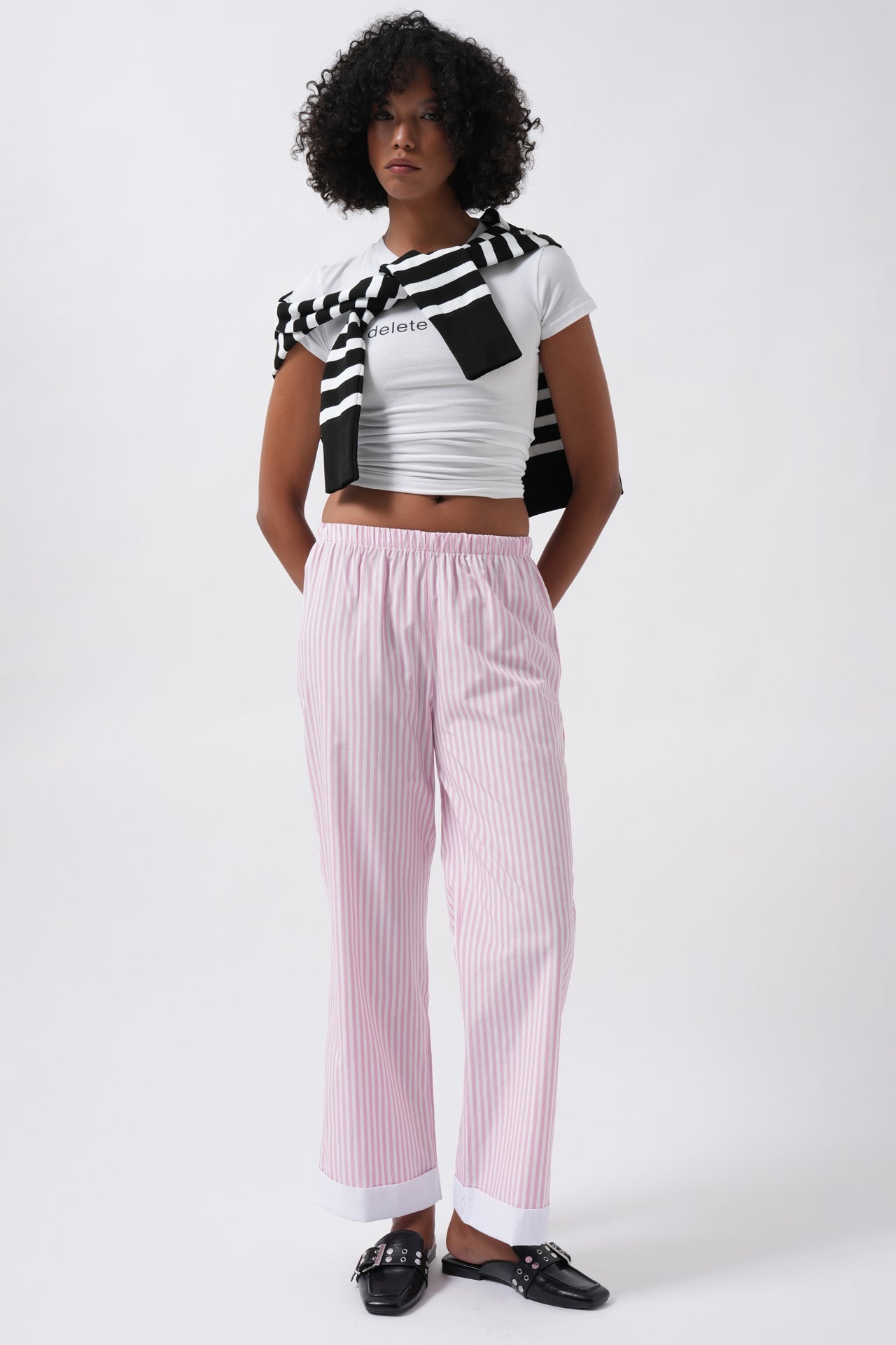 Hem Stripe Detail Striped Pink Pants