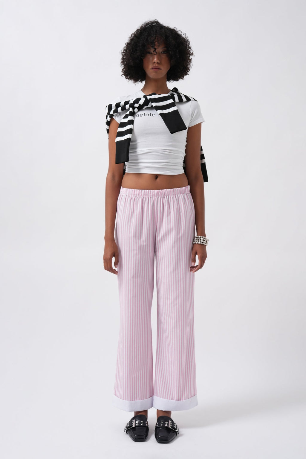 Hem Stripe Detail Striped Pink Pants