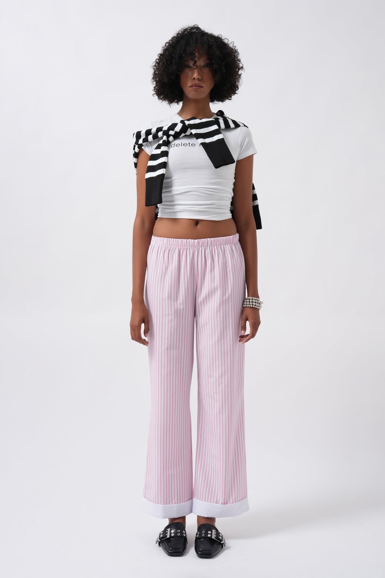 Hem Stripe Detail Striped Pink Pants
