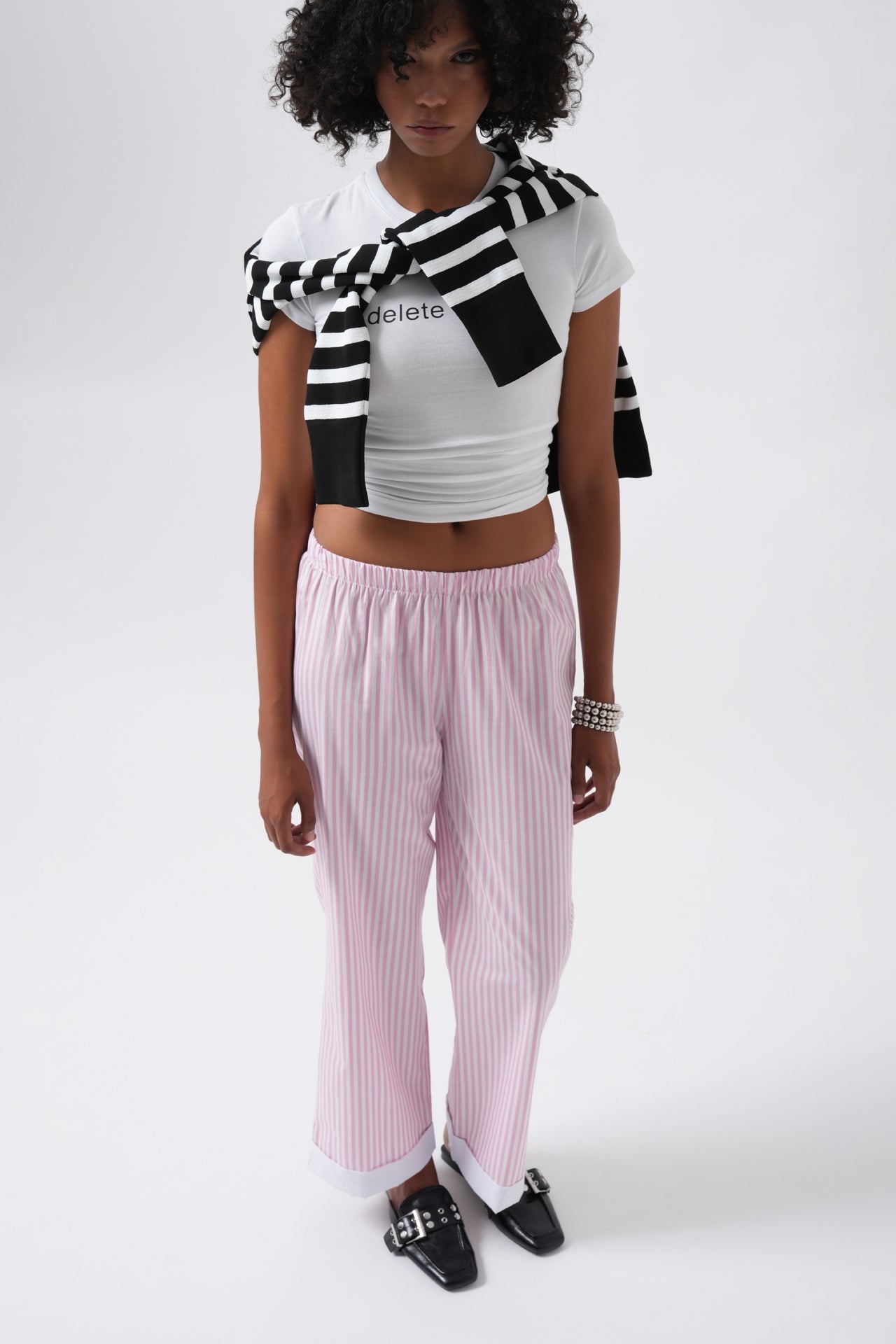 Hem Stripe Detail Striped Pink Pants