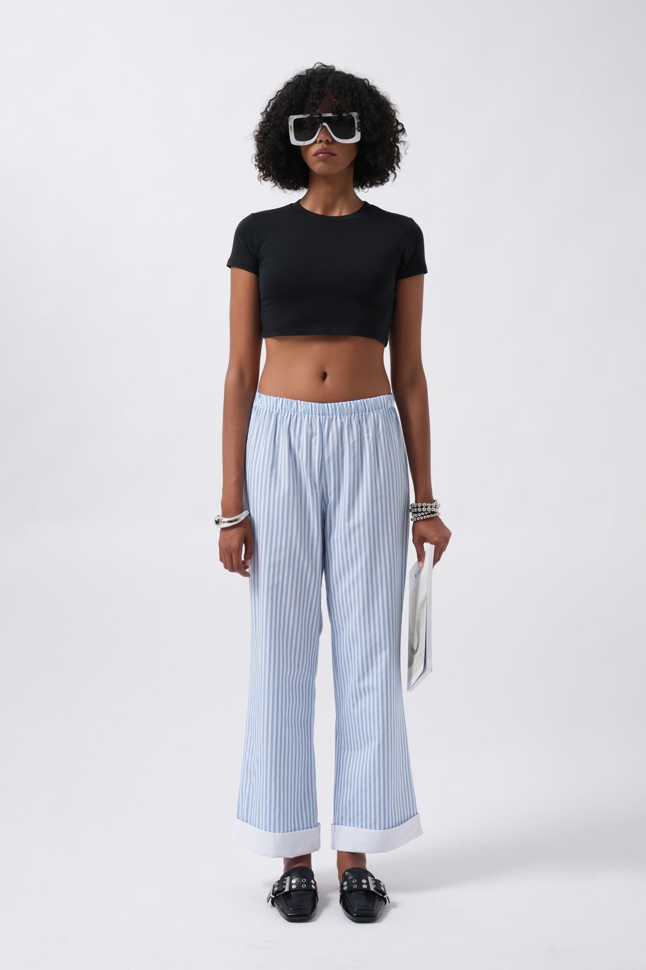 Hem Stripe Detail Striped Blue Pants