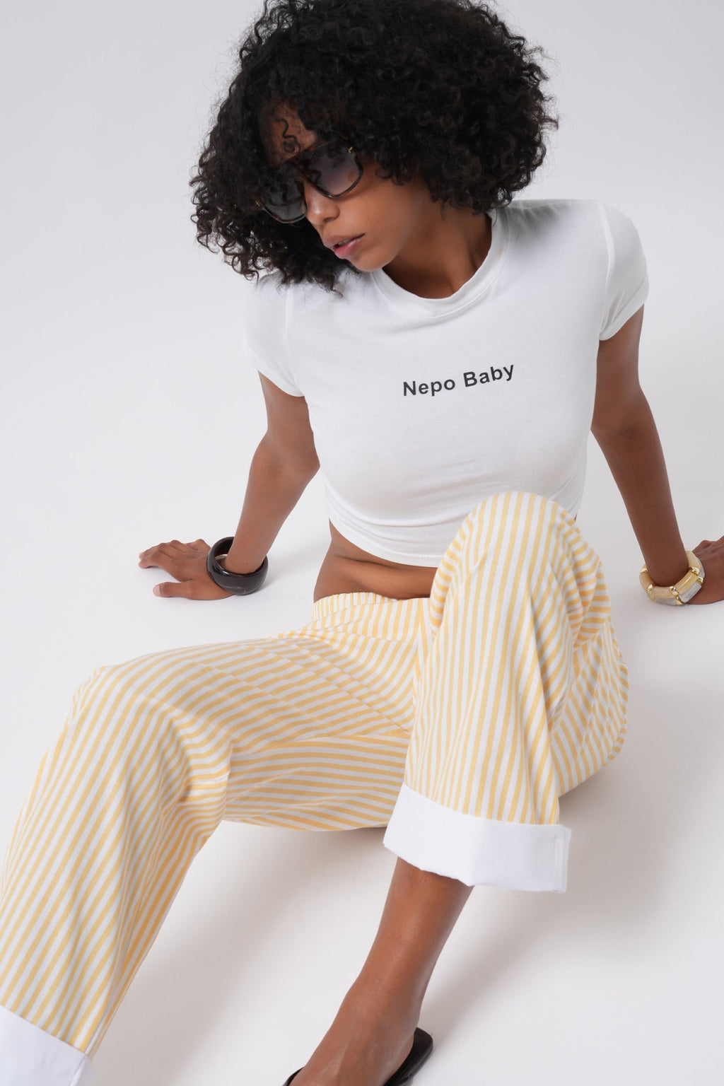 Hem Stripe Detail Striped Yellow Pants