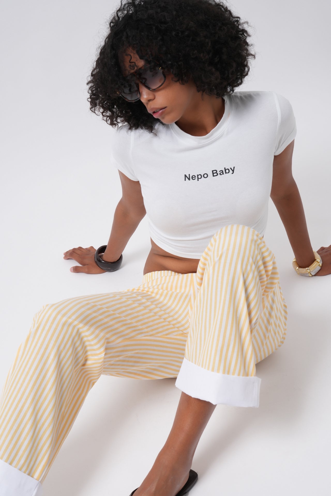 Hem Stripe Detail Striped Yellow Pants