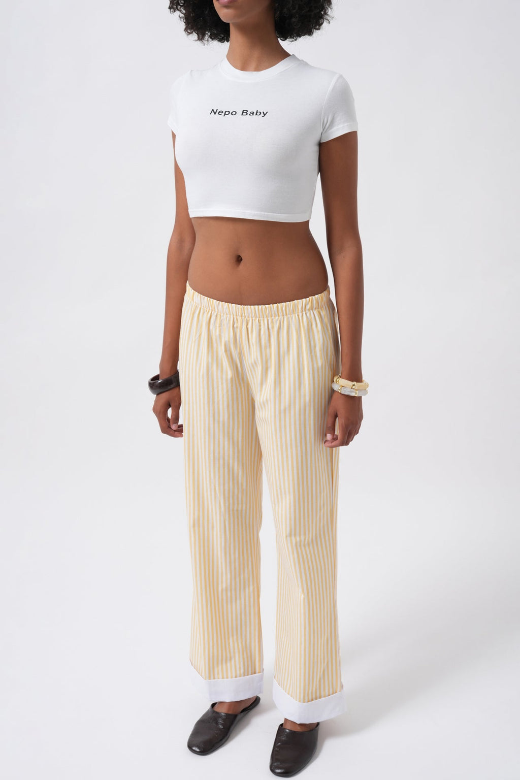 Hem Stripe Detail Striped Yellow Pants