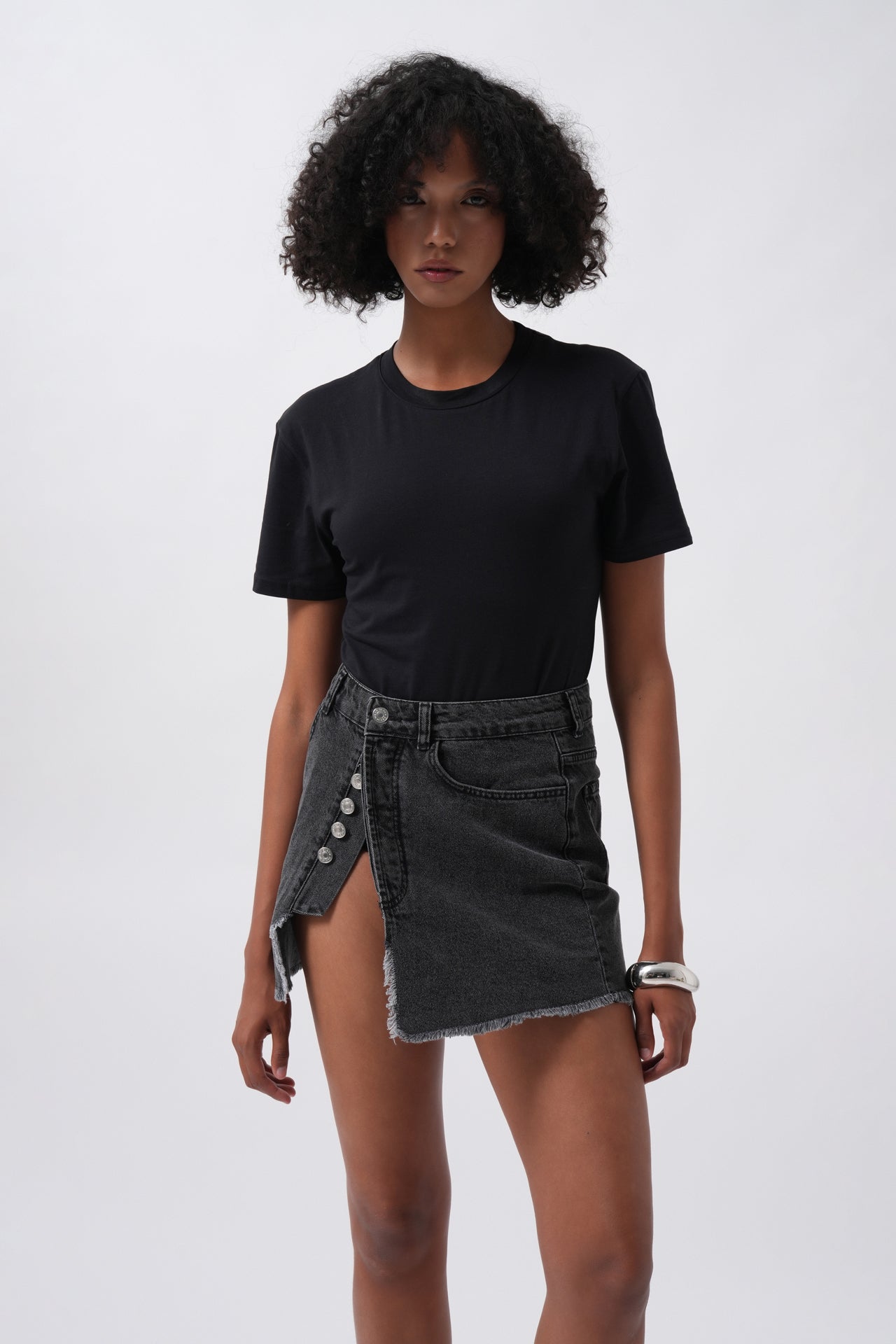 Button Detail Asymmetric Denim Black Skirt