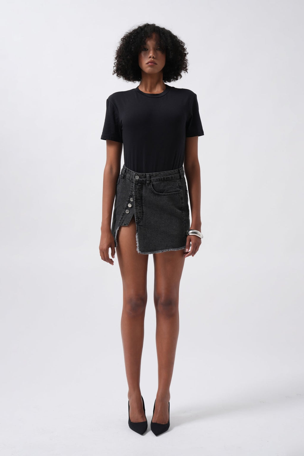 Button Detail Asymmetric Denim Black Skirt
