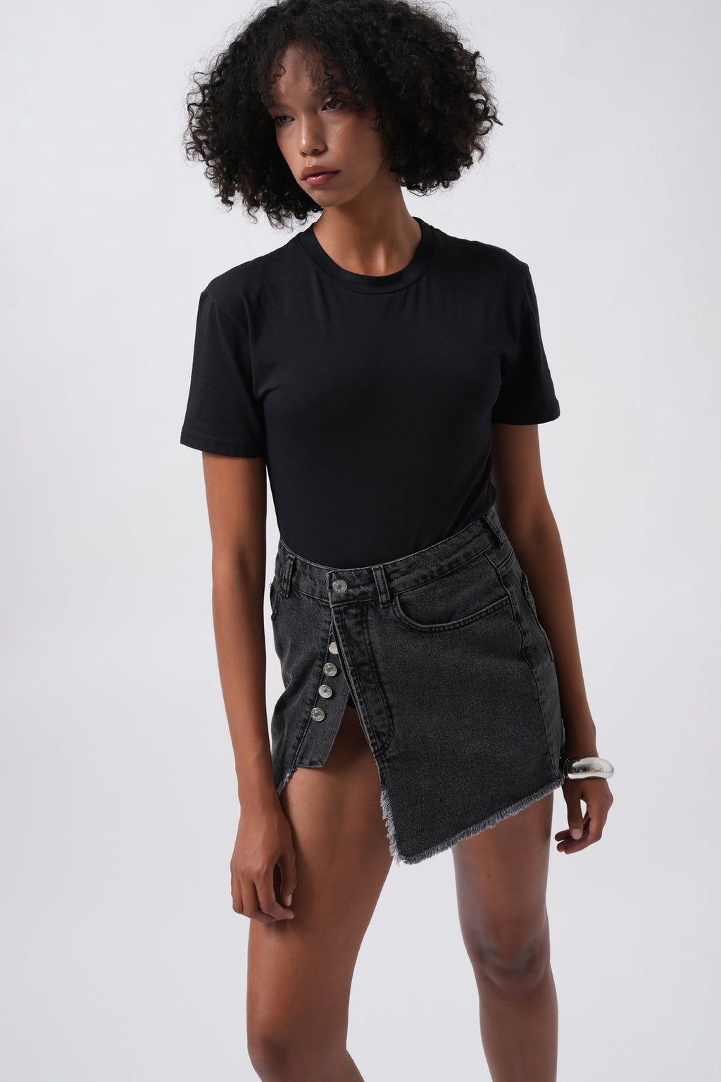 Button Detail Asymmetric Denim Black Skirt