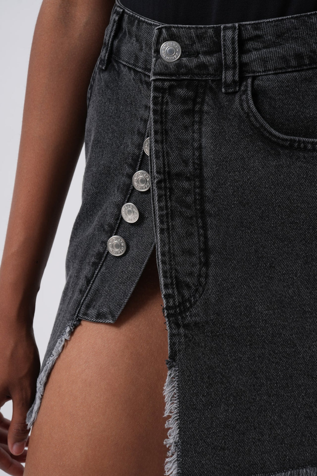 Button Detail Asymmetric Denim Black Skirt