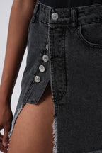 Button Detail Asymmetric Denim Black Skirt