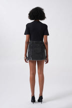 Button Detail Asymmetric Denim Black Skirt