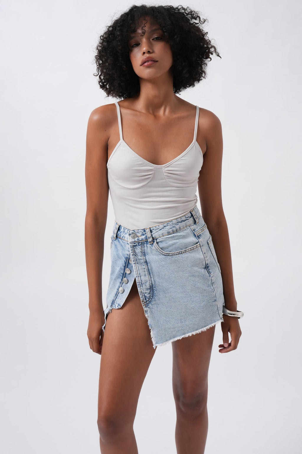 Button Detail Asymmetric Denim Light Blue Skirt