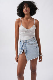 Button Detail Asymmetric Denim Light Blue Skirt