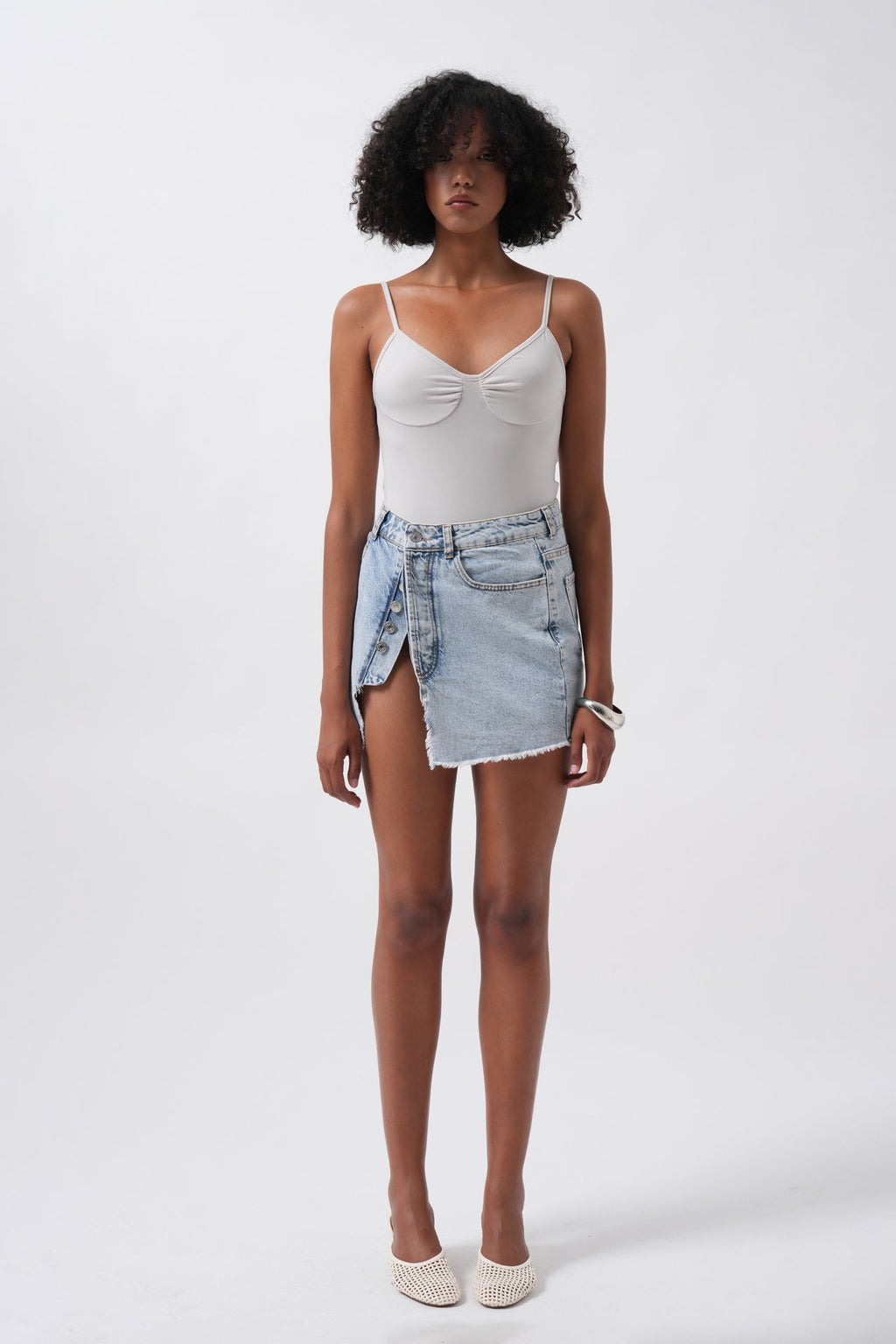Button Detail Asymmetric Denim Light Blue Skirt