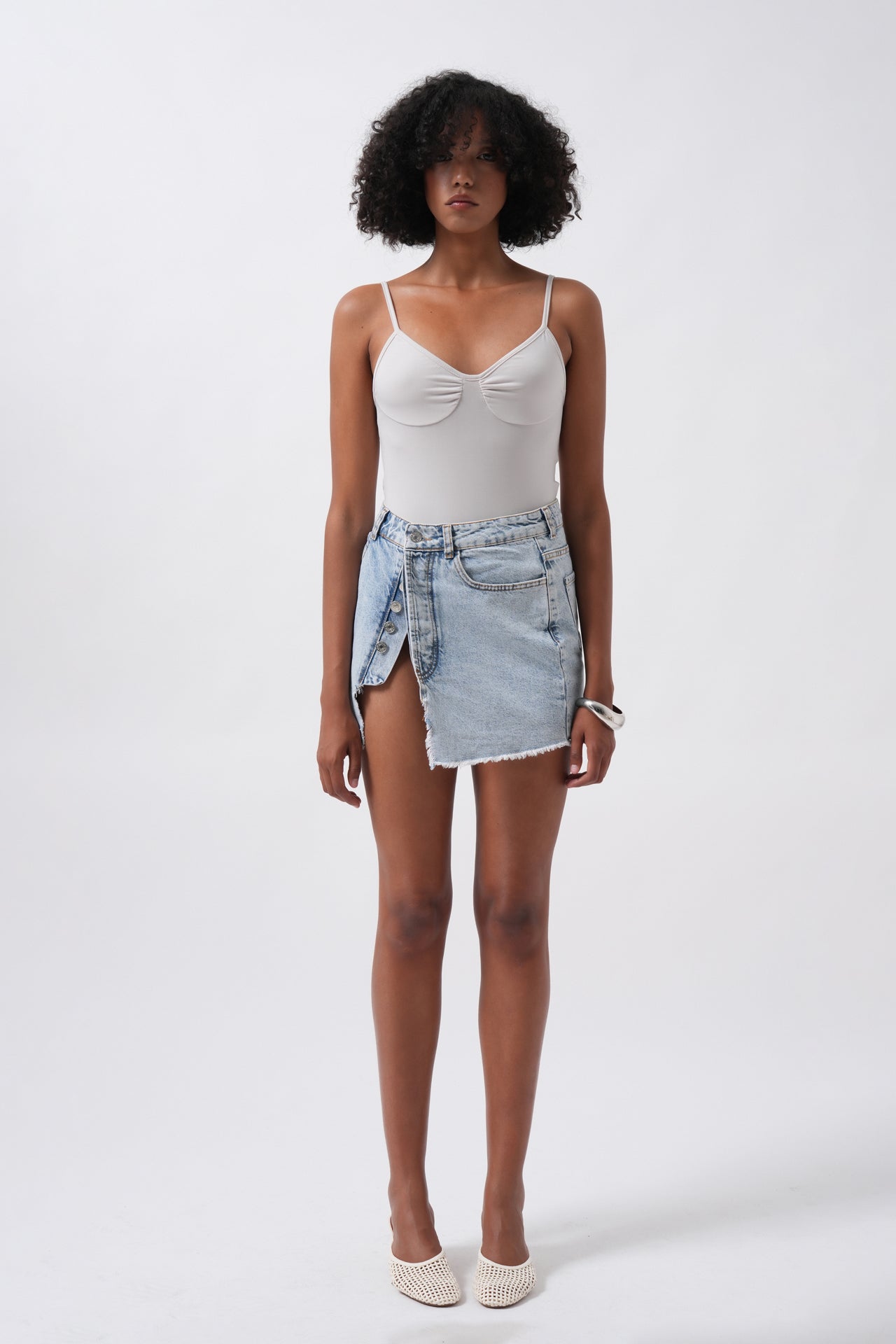 Button Detail Asymmetric Denim Light Blue Skirt