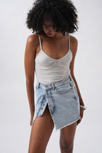 Button Detail Asymmetric Denim Light Blue Skirt