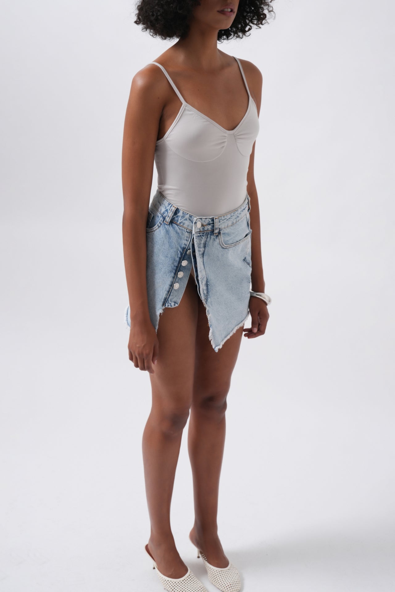 Button Detail Asymmetric Denim Light Blue Skirt