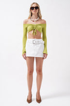Belt Detail Denim Mini White Skirt