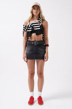 Belt Detail Denim Mini Black Skirt