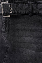 Belt Detail Denim Mini Black Skirt