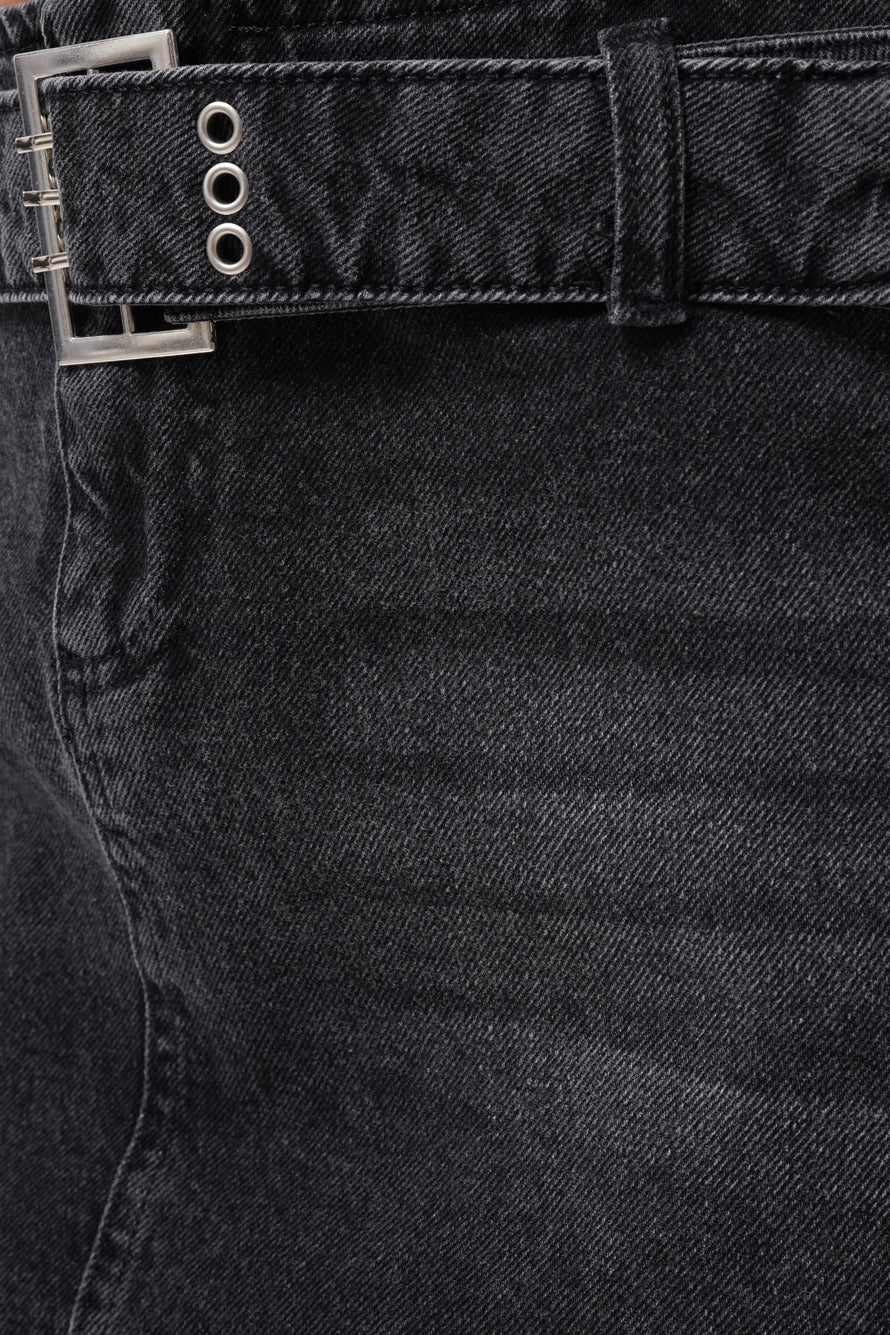 Belt Detail Denim Mini Black Skirt