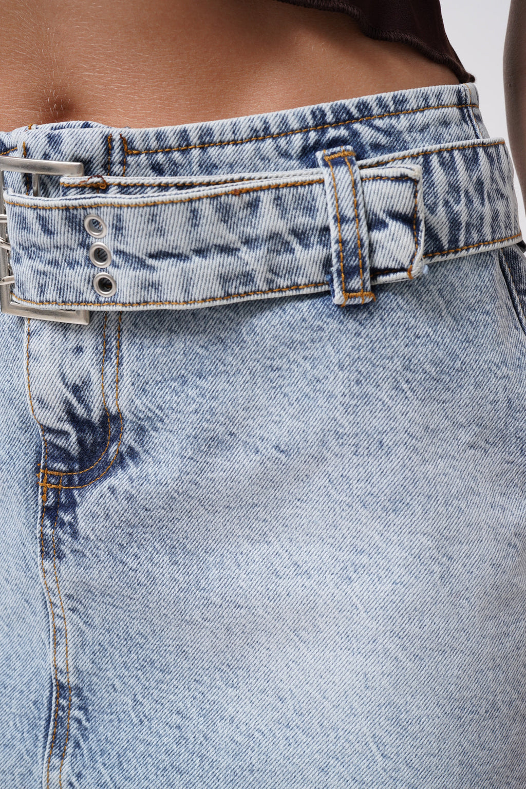 Belt Detail Denim Mini Light Blue Skirt