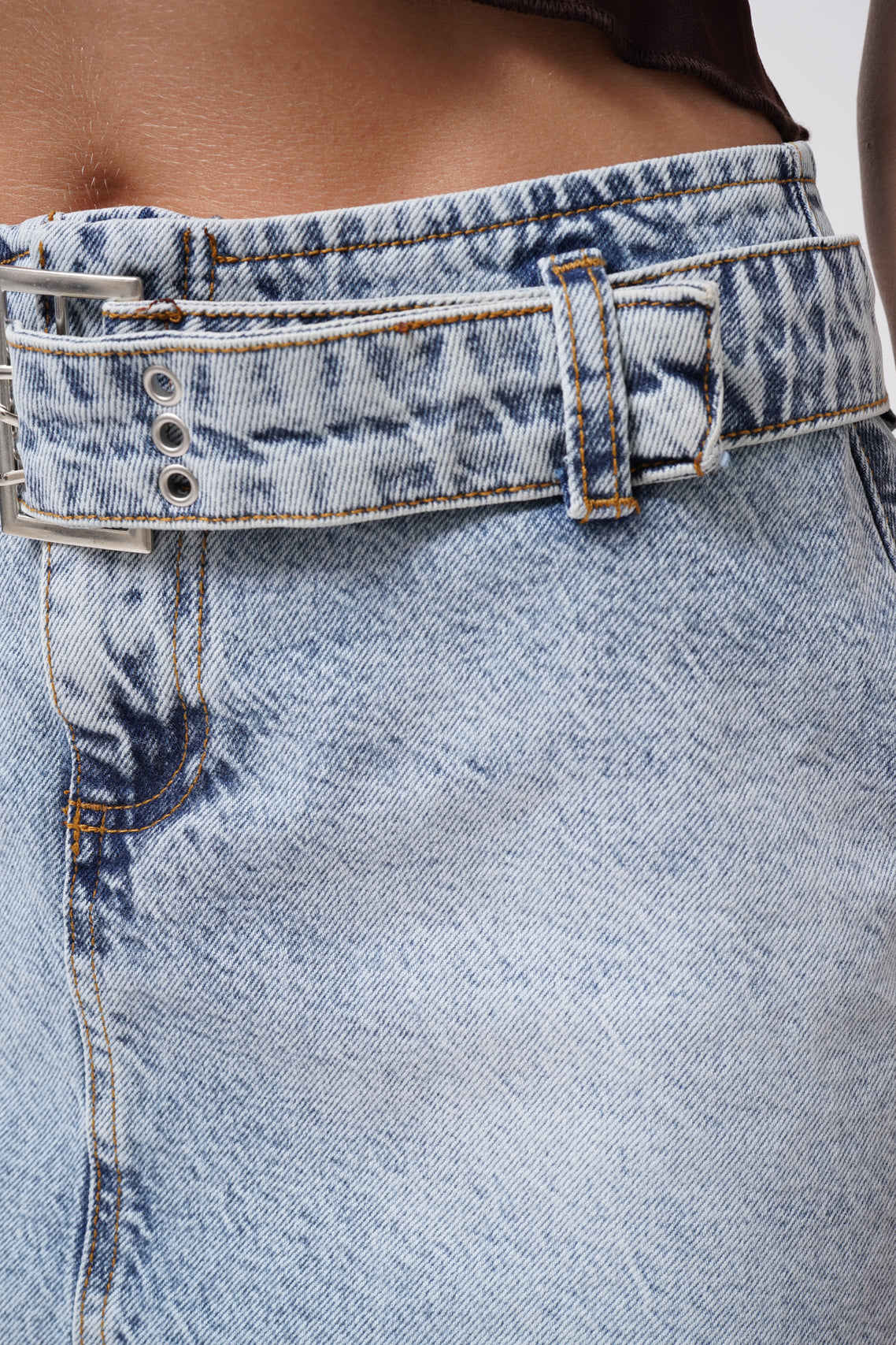 Belt Detail Denim Mini Light Blue Skirt